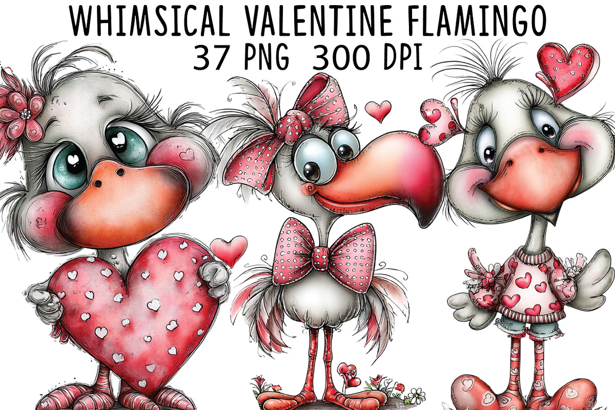 Whimsical Valentine Flamingo Clipart, an Illustration by CraftArtStudio (Photo 1 of 6)