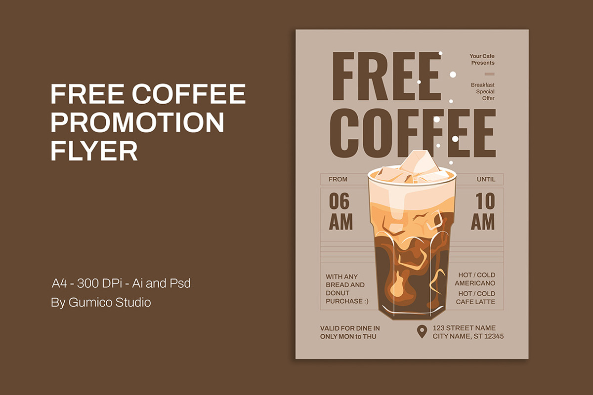 Free Coffee Promotion Flyer, a Flyer Template by Gumico Studio. (Photo 1 of 3)