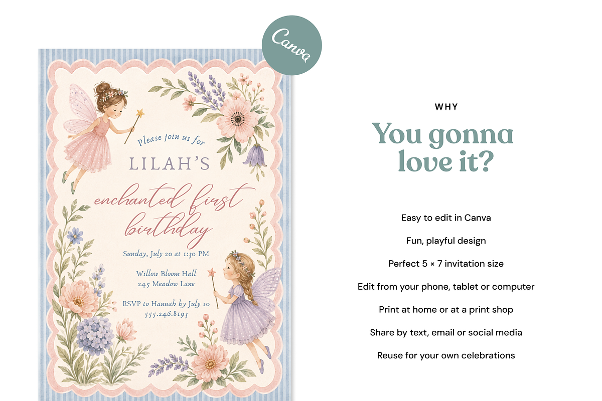 Fairy First Birthday Invitation, an Invitation Template by heynomi (Photo 5 of 18)