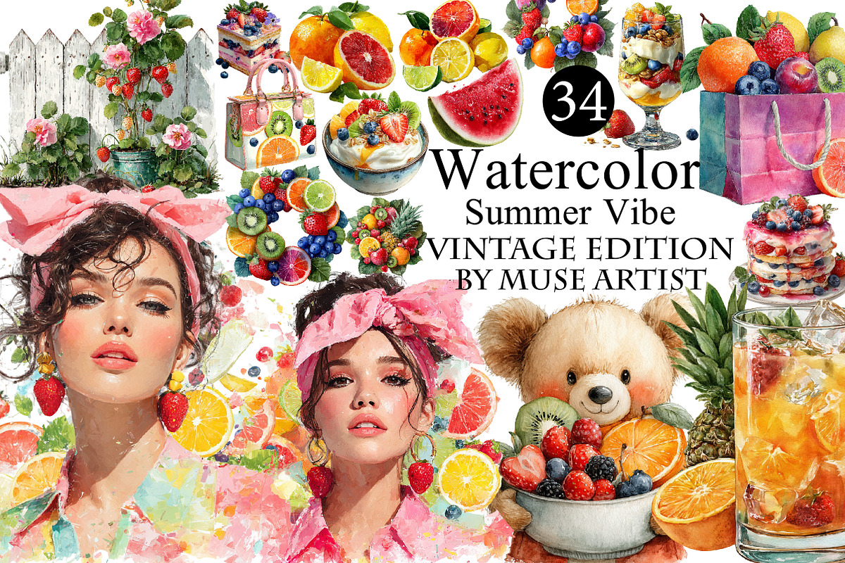 Watercolor Summer Vibe Clipart, an Illustration by DreamArtGraphic (Photo 1 of 8)
