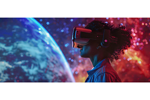 Child exploring outer space through, a Technology Photo by piter.goskov
