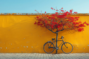 Vintage Bicycle Parked Against a Vibrant Yellow Wall with Red Blossoming Tree A, a Photo by AS photostudio