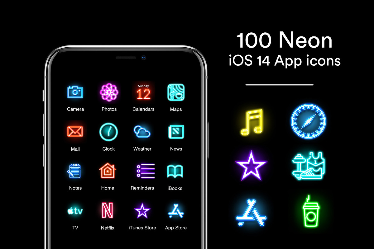 100 Neon iPhone iOS 14 App Icons, an Icon by Ellen Artworks (Photo 1 of 2)