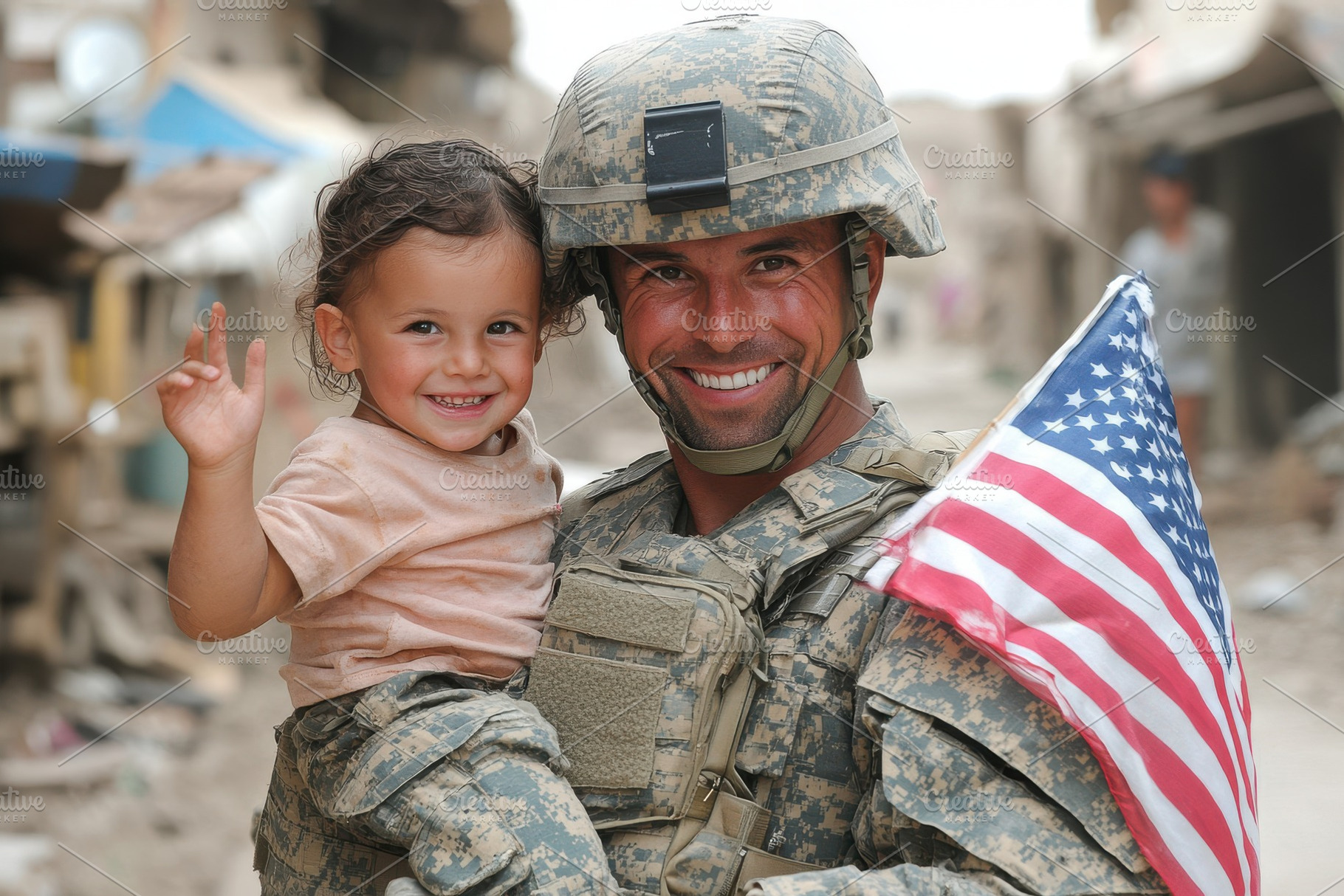 US Soldier Holds Child War Zone Amer, a Background Photo by Pixeness Studio