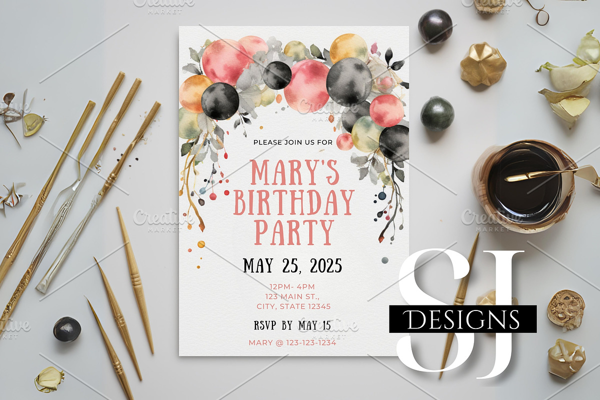 Balloon Wreath Party Invite, an Invitation Template by Sunny Jar Designs (Photo 1 of 3)