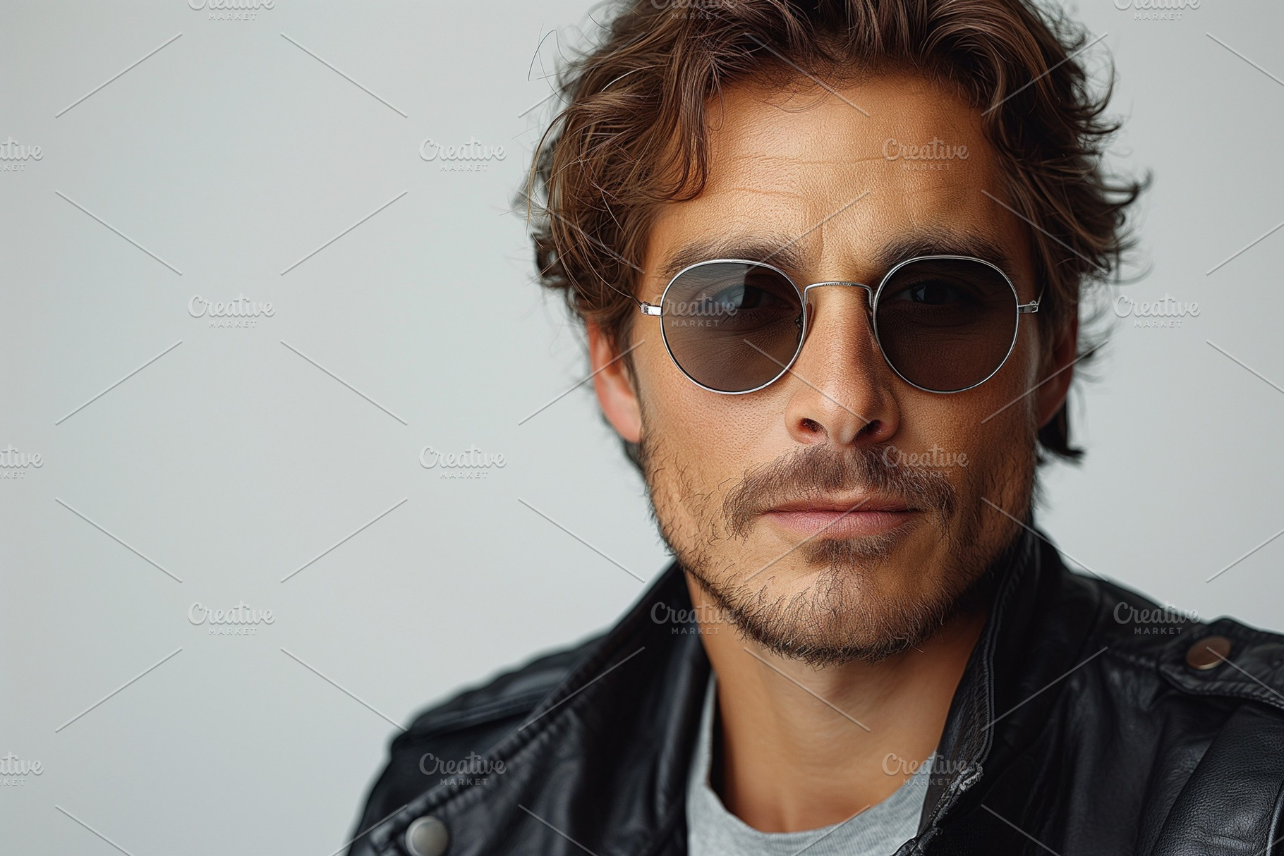 A stylish man of Mediterranean descent wearing round sunglasses and a black lea, a Person Photo by ImageMir