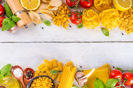 Various pasta with spices and ingredients for cooking, a Food & Drink Photo by Rimma