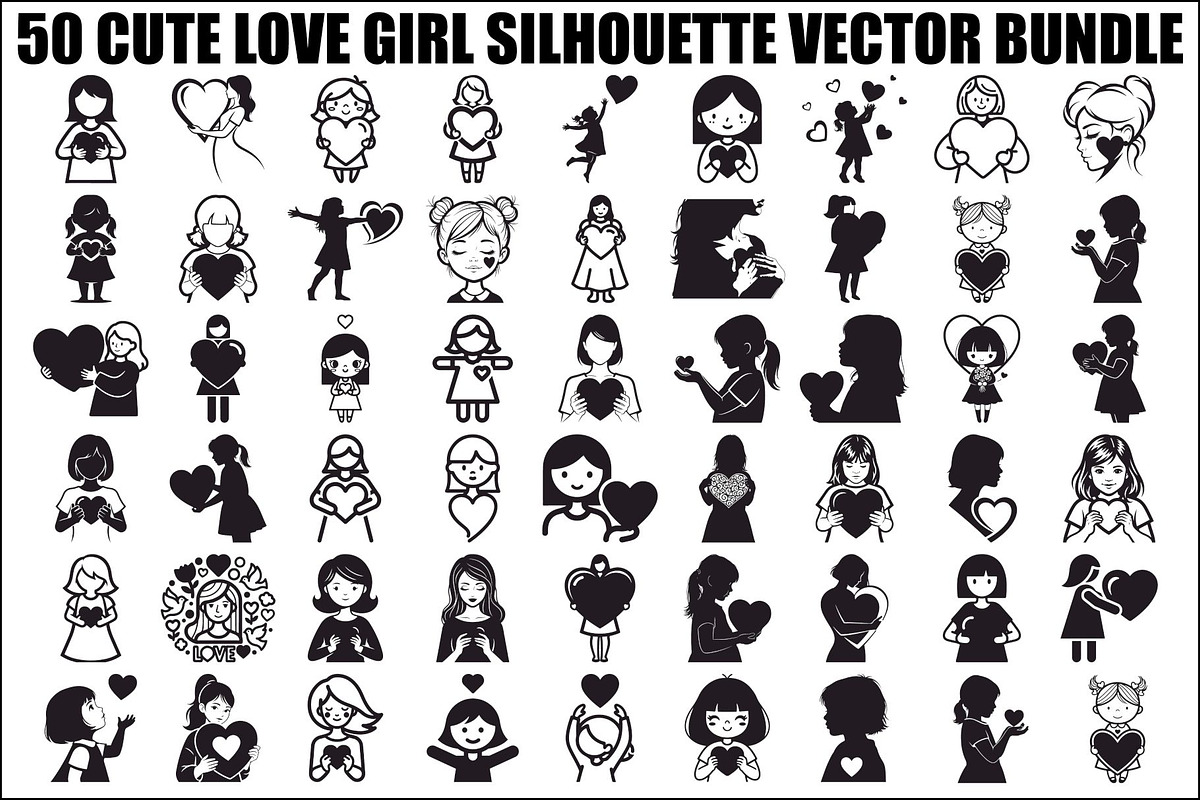 Cute Love Girl Silhouette Bundle, an Illustration by Designs_River (Photo 1 of 53)