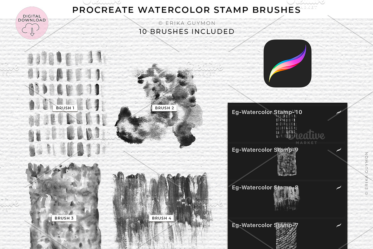 Procreate Watercolor Brush Stamps, a Brush Add-On by Erika Guymon (Photo 3 of 5)