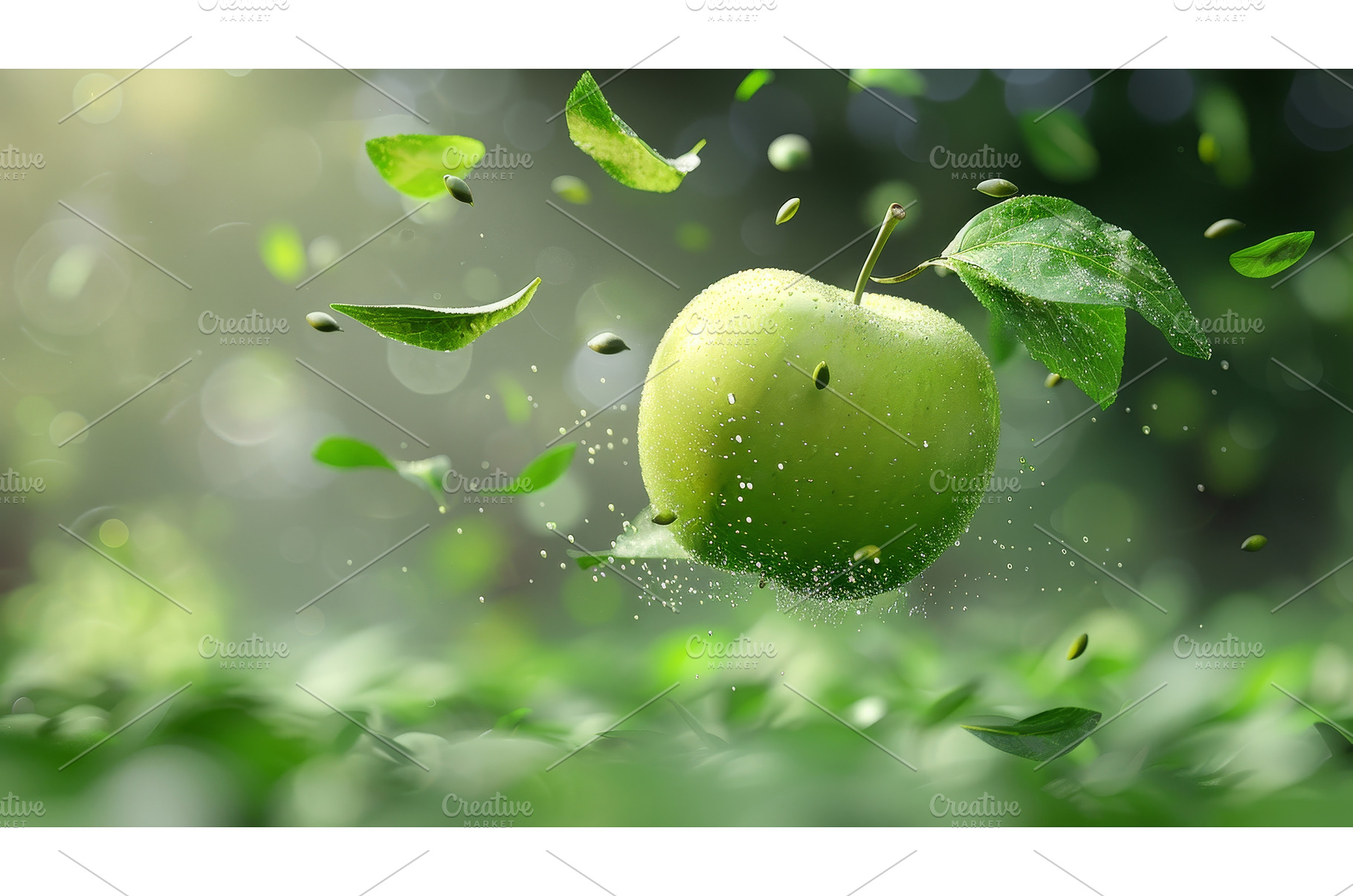 Green apple flying with seeds on a, a Food & Drink Photo by ZinetroN