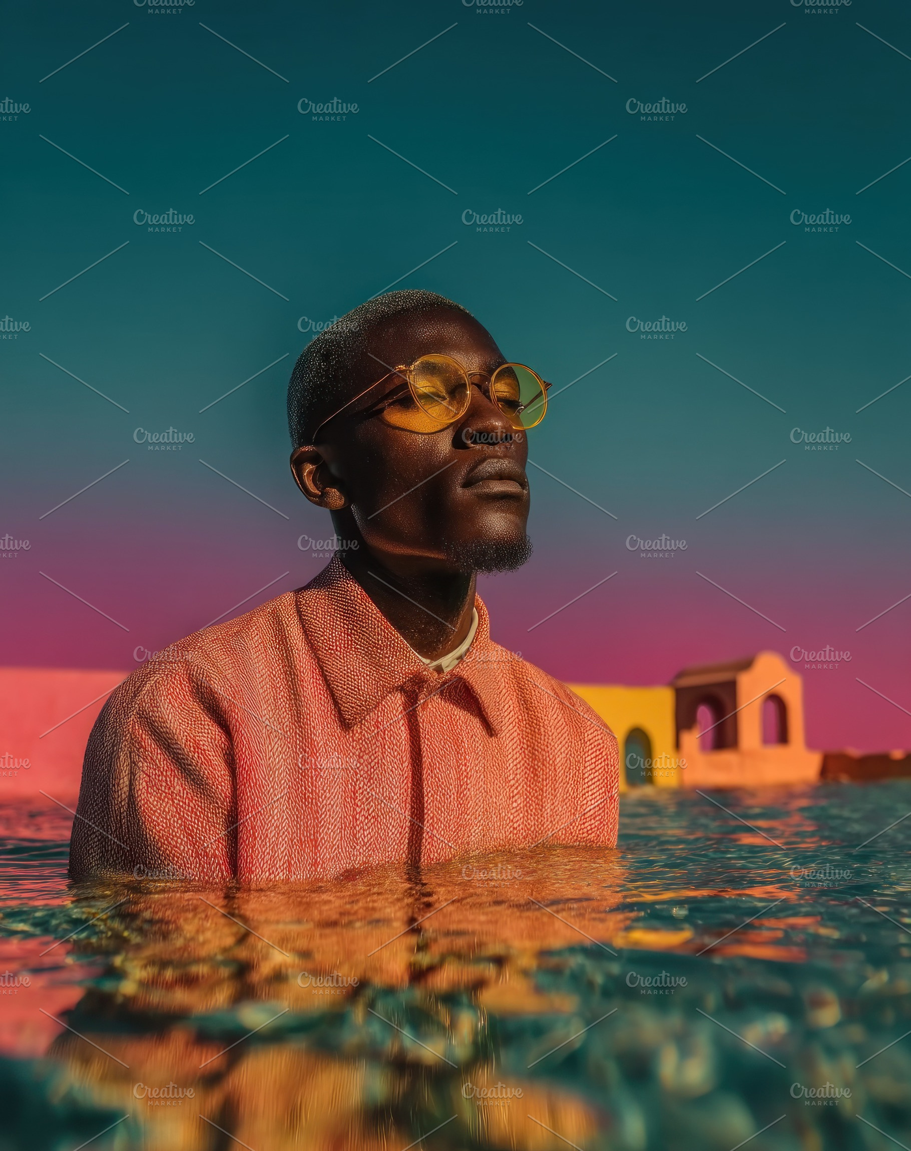 Stylish African Man in Orange Shirt Standing in Water at Colorfu, a Person Photo by José Manuel Gelpi