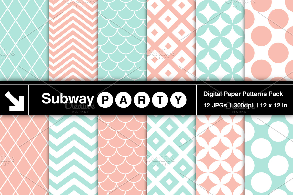 Mint & Coral Retro Geometric Papers