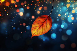 Glowing Autumn Leaf on Branch with Magical Bokeh Lights, an Abstract Photo by Natalia Klenova's Shop