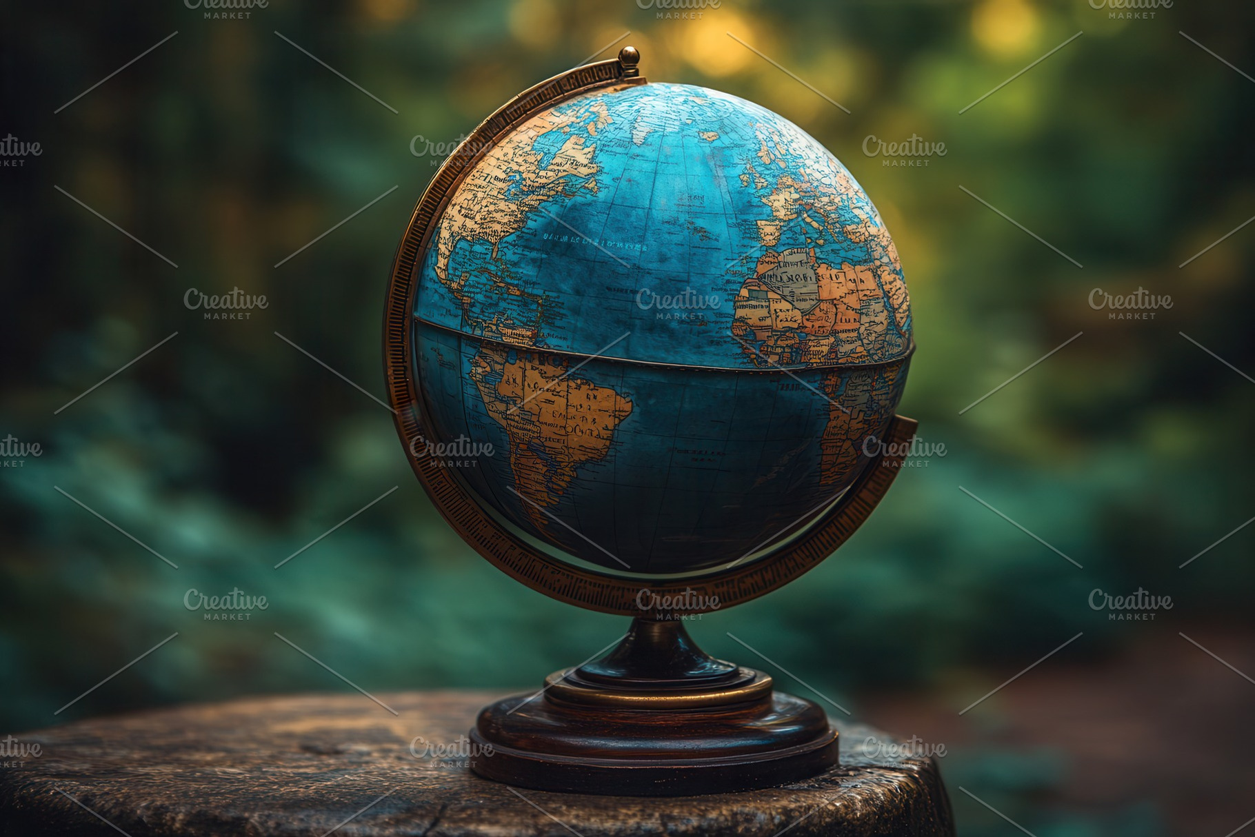 Vintage globe resting on a wooden ta, a Photo by Tanuart