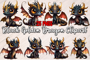 Black Golden Dragon Clipart 25 PNGs