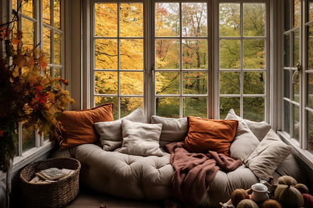 Scandinavia interior with big windows and autumn season. Generative AI, an Arts & Entertainment Photo by AlyaAnd