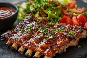 Delicious BBQ pork ribs serve, a Photo by Pavel_design