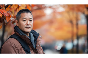 Asian Man in Autumn Park Wearing, a Nature Photo by Lermont51
