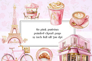 60 Pink Parisian Coffee Shop Clipart, a Graphic by AllTheKewtClipart