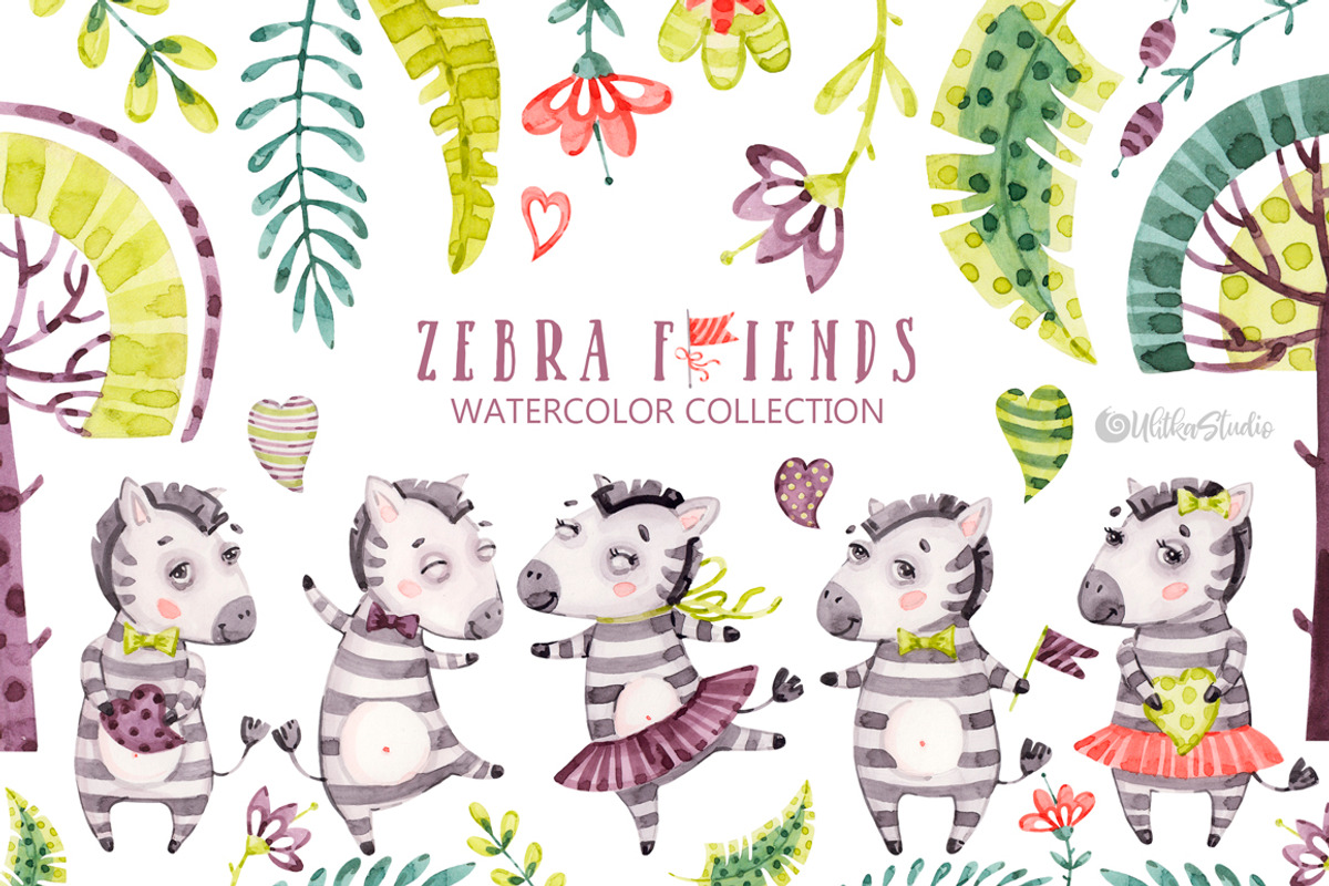 Watercolor nursery cute Zebra friend, an Animal Illustration by UlitkaStudio (Photo 1 of 11)