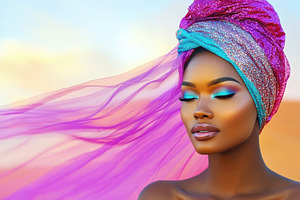 An elegant African woman with vibrant makeup and a glittering turban poses in a, a Person Photo by Mashimara