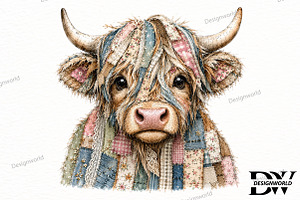 Patchwork Highland Cow PNG, a Seasonal Illustration by Designworld