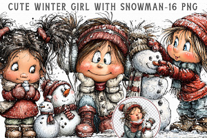Cute winter Girl with Snowman clipar, an Illustration by Libby Wishes