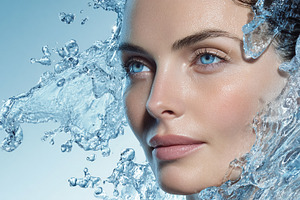 Woman with clear skin splashing enjoying water for hydration and, a Photo by Studio ANNA