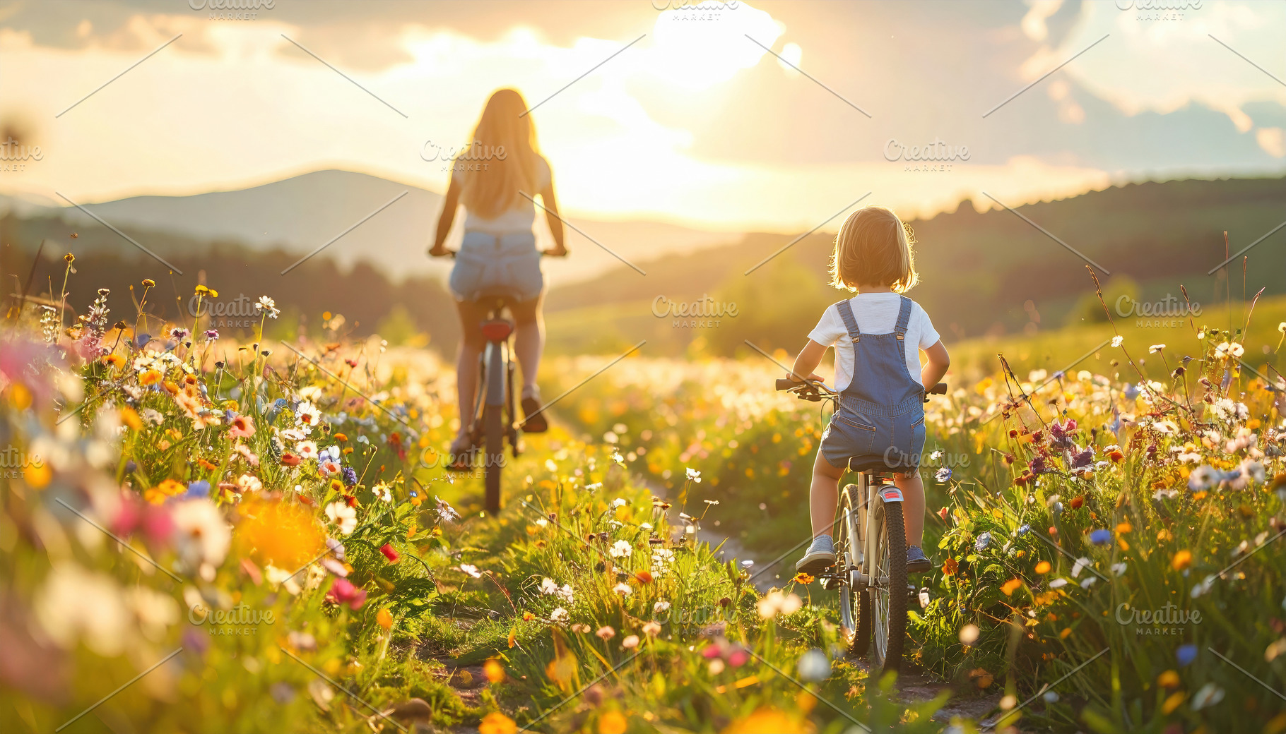 Mother and Child Cycling at Sunset Meadow, a Sports & Recreation Photo by Davizro's Market