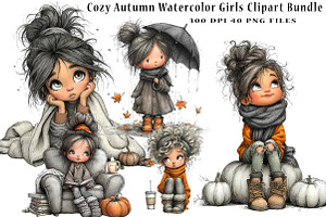 Cozy Autumn Watercolor Girls, a Seasonal Illustration by CreationArt