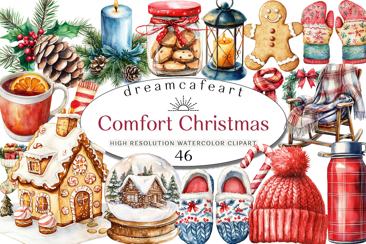 Watercolor Comfort Christmas Clipart, an Illustration by DreamCafeArt (Photo 1 of 5)