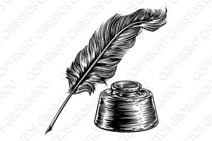 Quill Feather Pen And Ink Well