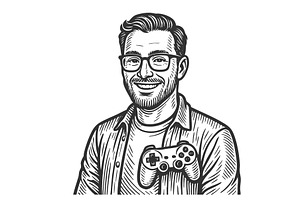 Smiling Game Developer Holding Game, a Person Illustration by AlexArt
