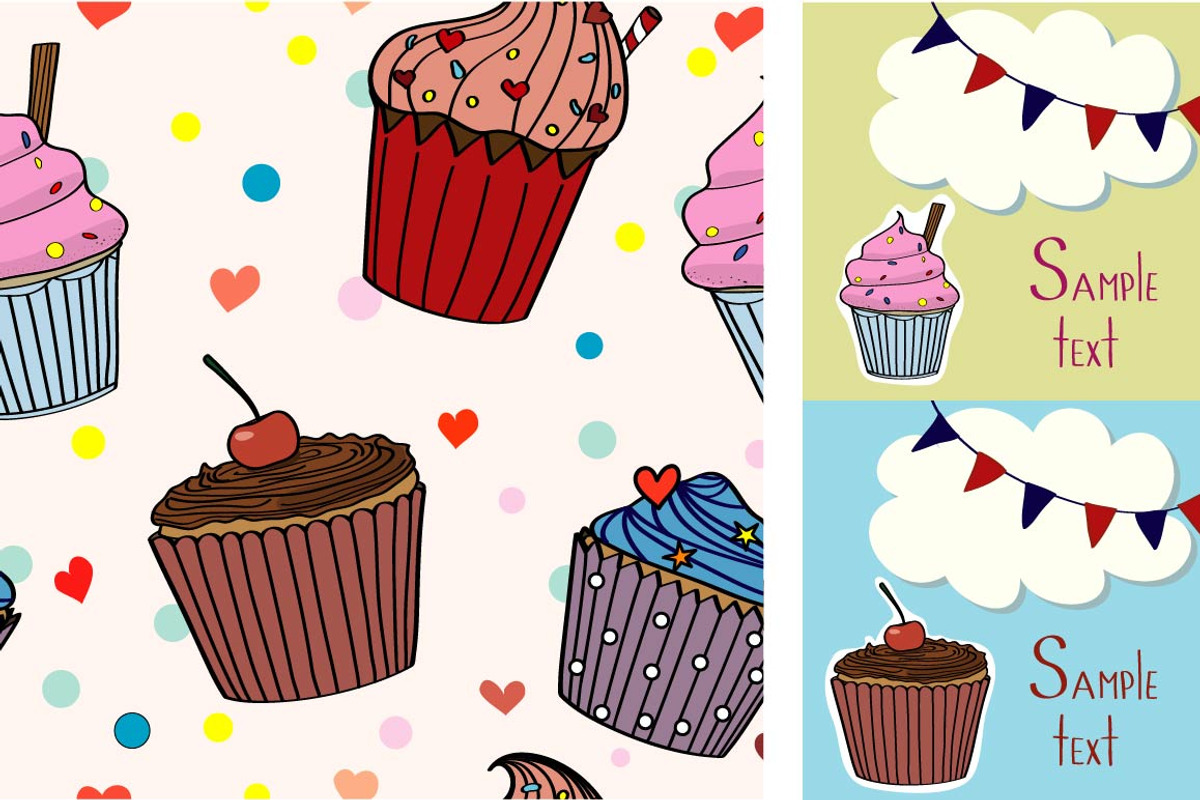Vector set with cupcakes, a Background Graphic by lycka (Photo 6 of 6)