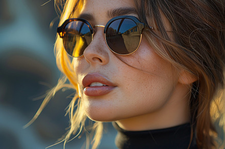 A close-up of a young Caucasian woman wearing stylish sunglasses, exuding confi, a Person Photo by ImageMir