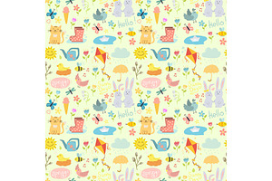 Spring Vector Natural Floral Blossom Gardening Tools Beauty Design And Nature Grass Season Branch Springtime Hand Drawn Seamless Pattern Background Il