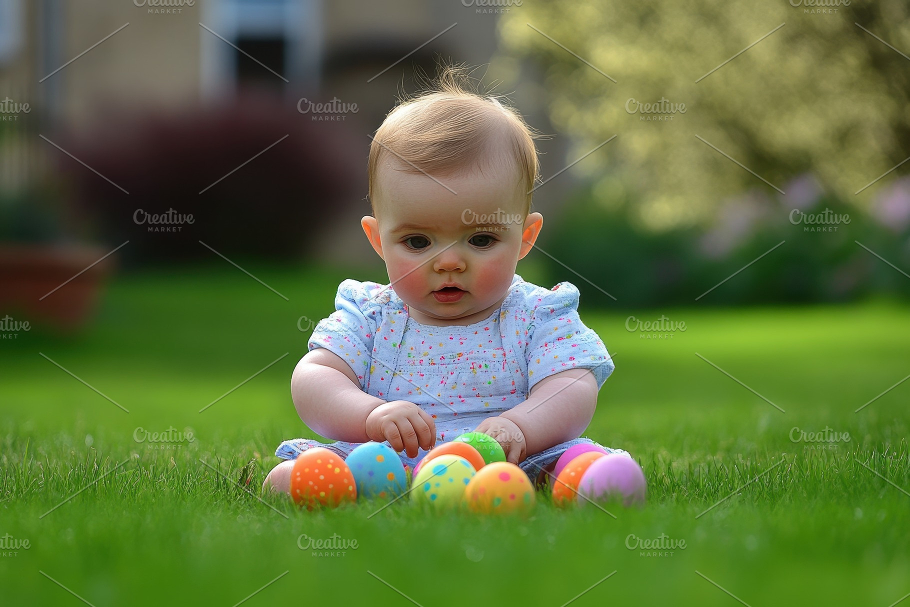 Baby explores toys on grass, a Photo by Pavel_design