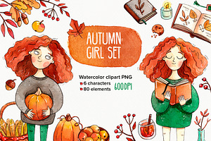 Autumn Girl watercolor clipart set