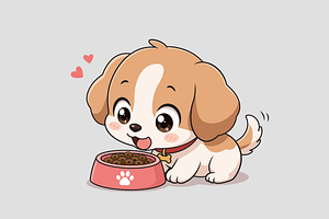 Chibi Puppy Eating Dog Food Cartoon, an Animal Illustration by Artpon Illustration