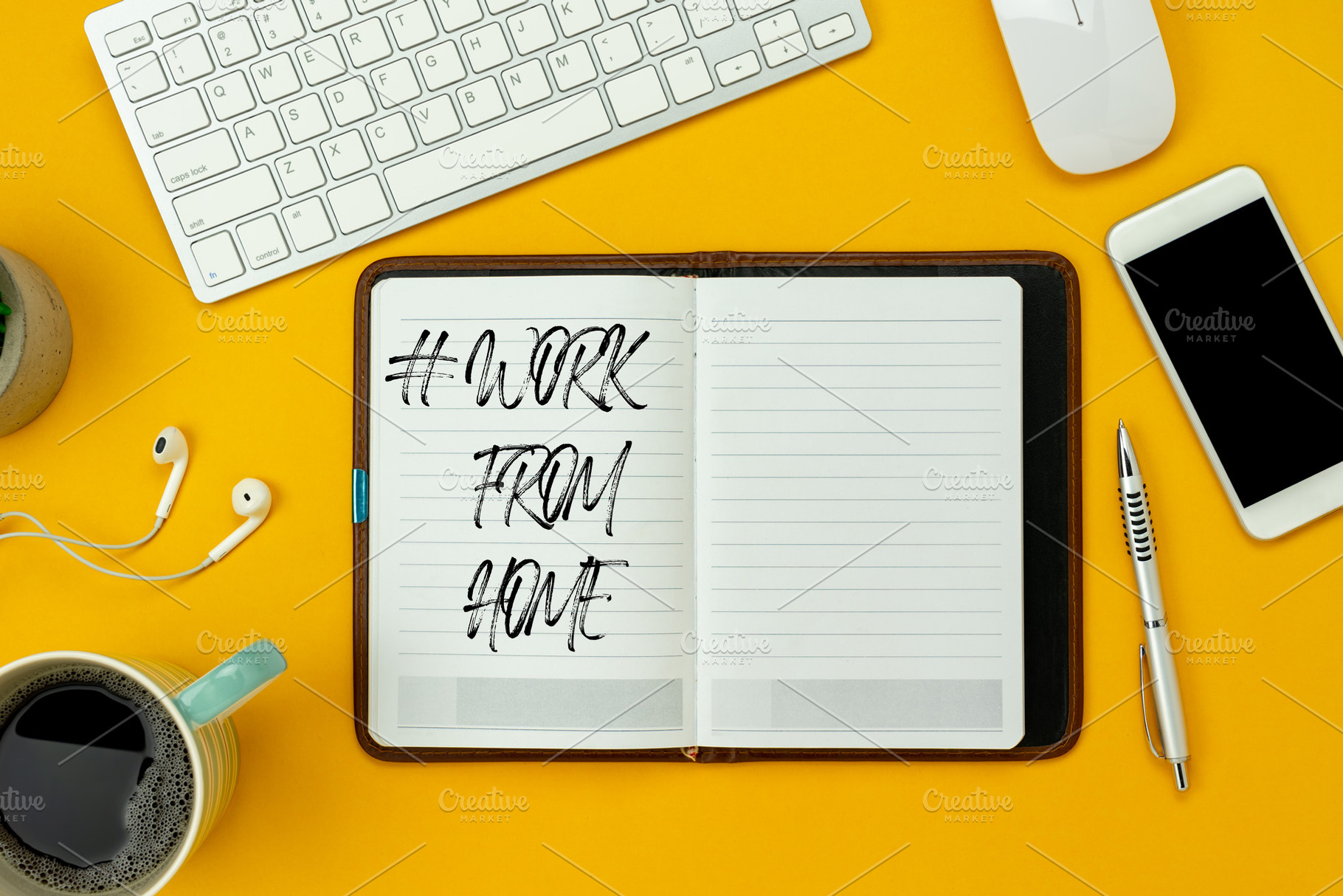 Top view work from home background stock photo containing notebook and home, a Business Photo by OSABEE TOP VIEW