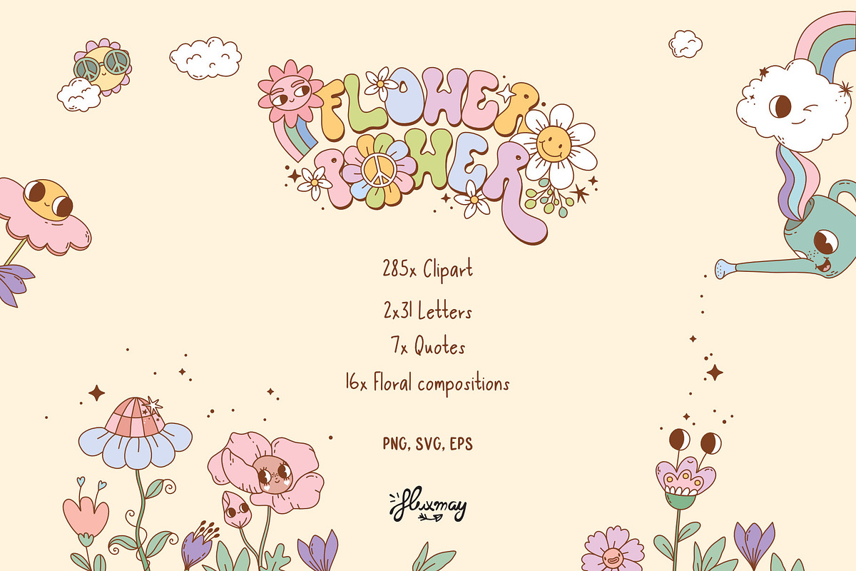 Flower power - retro groovy bundle, an Object Illustration by Huxmay (Photo 2 of 13)