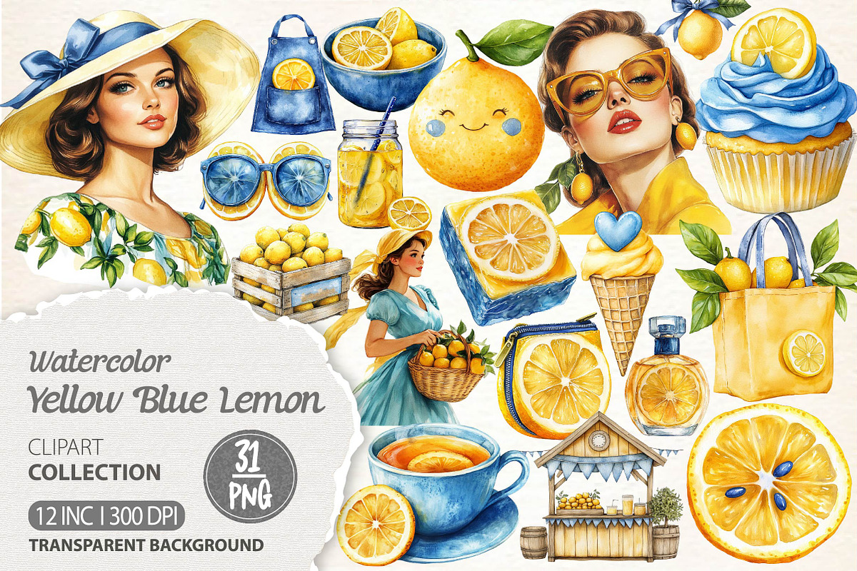 Yellow & Blue Lemon Clipart PNG, an Illustration by Dream Creation (Photo 1 of 6)