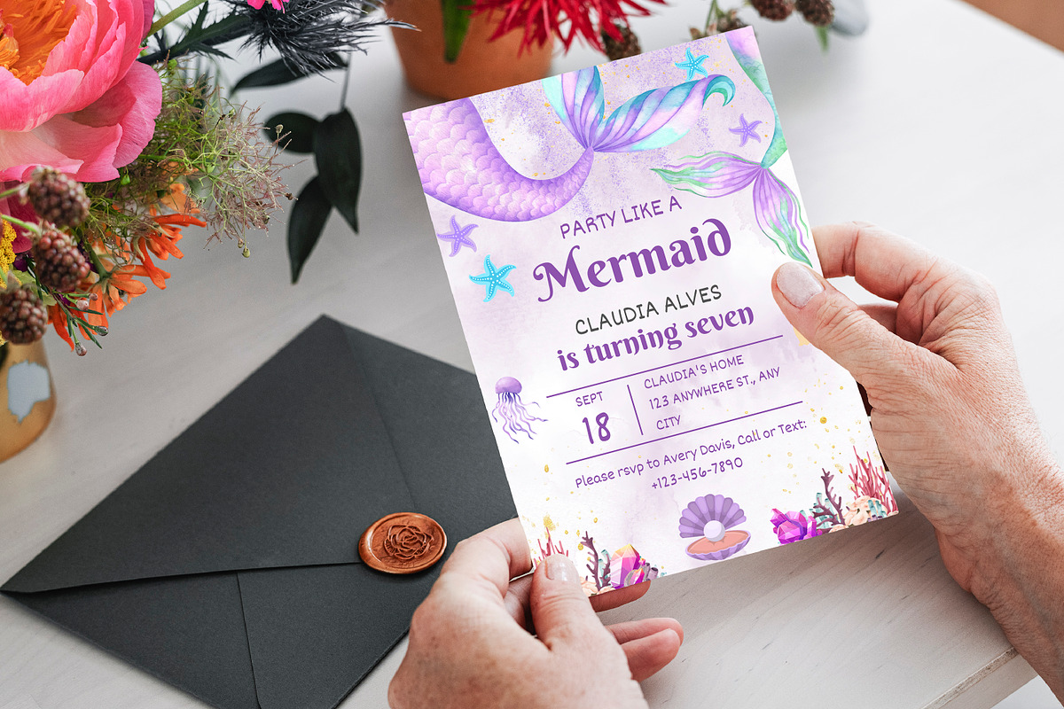 Mermaid Birthday Party Invitation, an Invitation Template by SmmrDesign (Photo 1 of 4)
