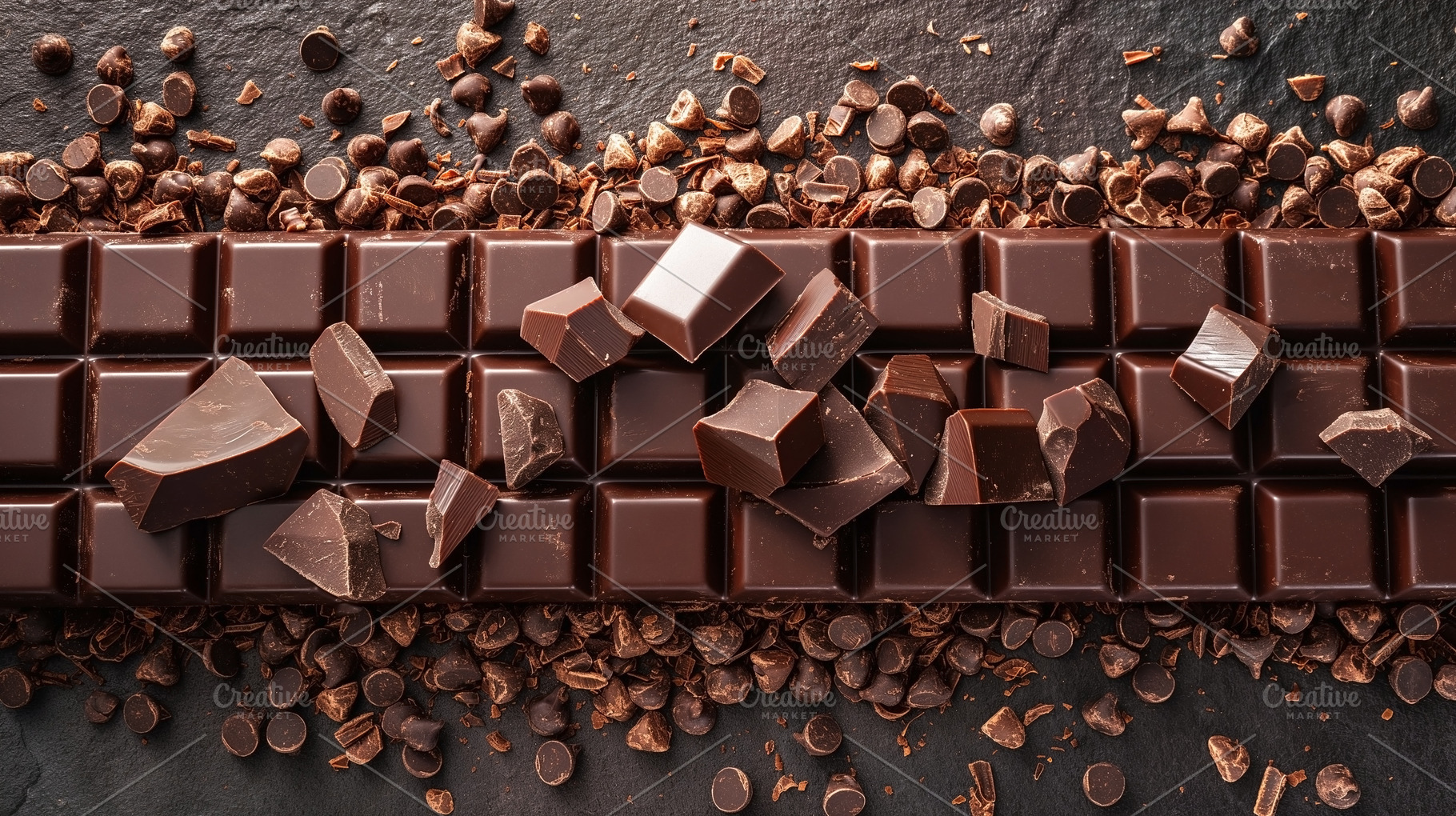 Delicious dark chocolate bar with broken pieces and chocolate ch, a Food & Drink Photo by ImageMir