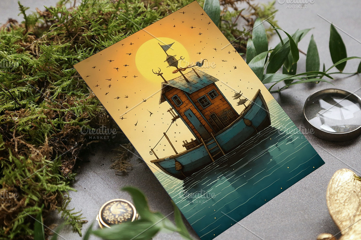 Whimsical Fishing Boats 5x7 Postcard, a Transportation Illustration by Mermaids Cove (Photo 3 of 9)