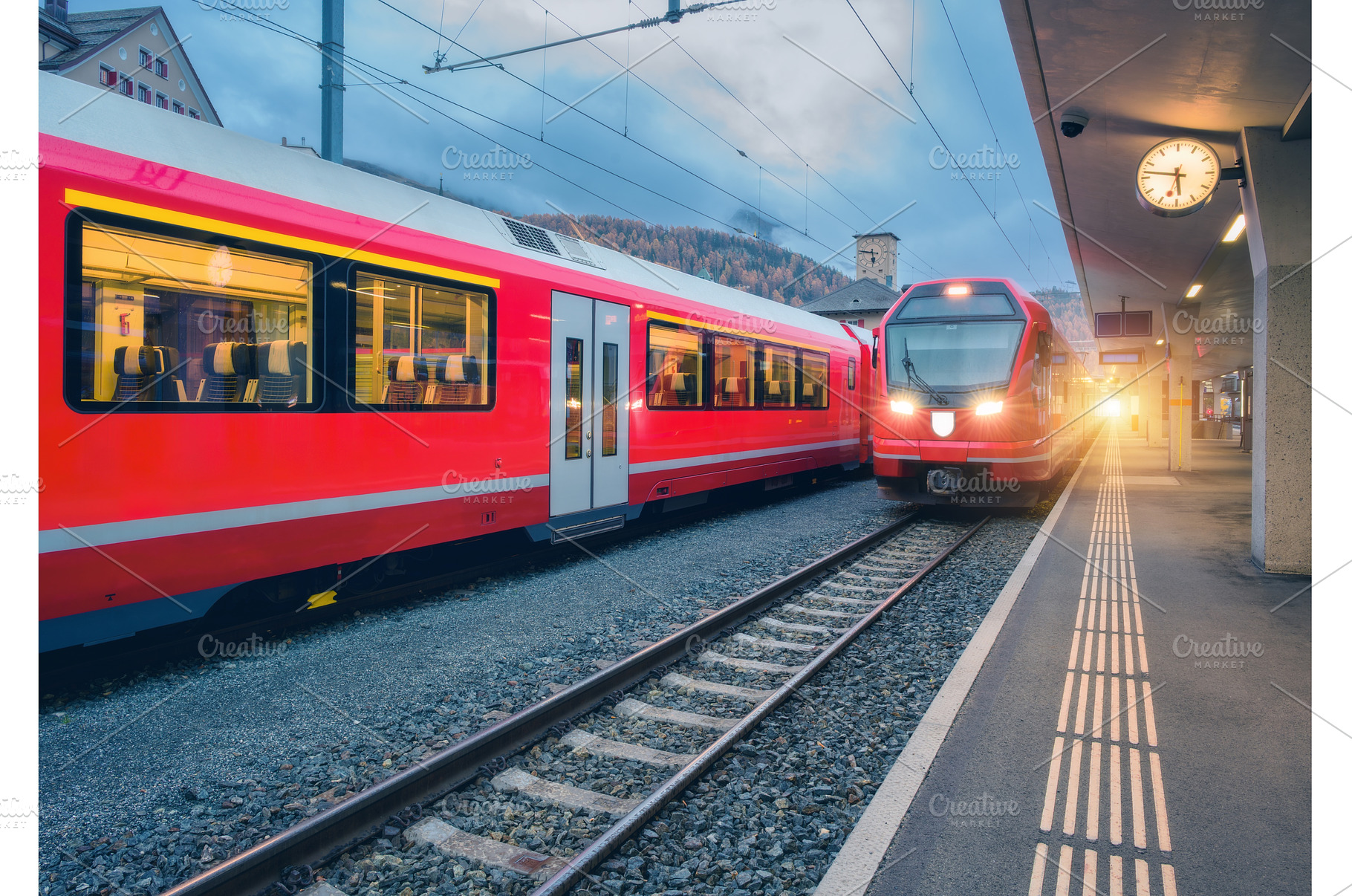 Red modern trains on mountain, a Transportation Photo by den-belitsky