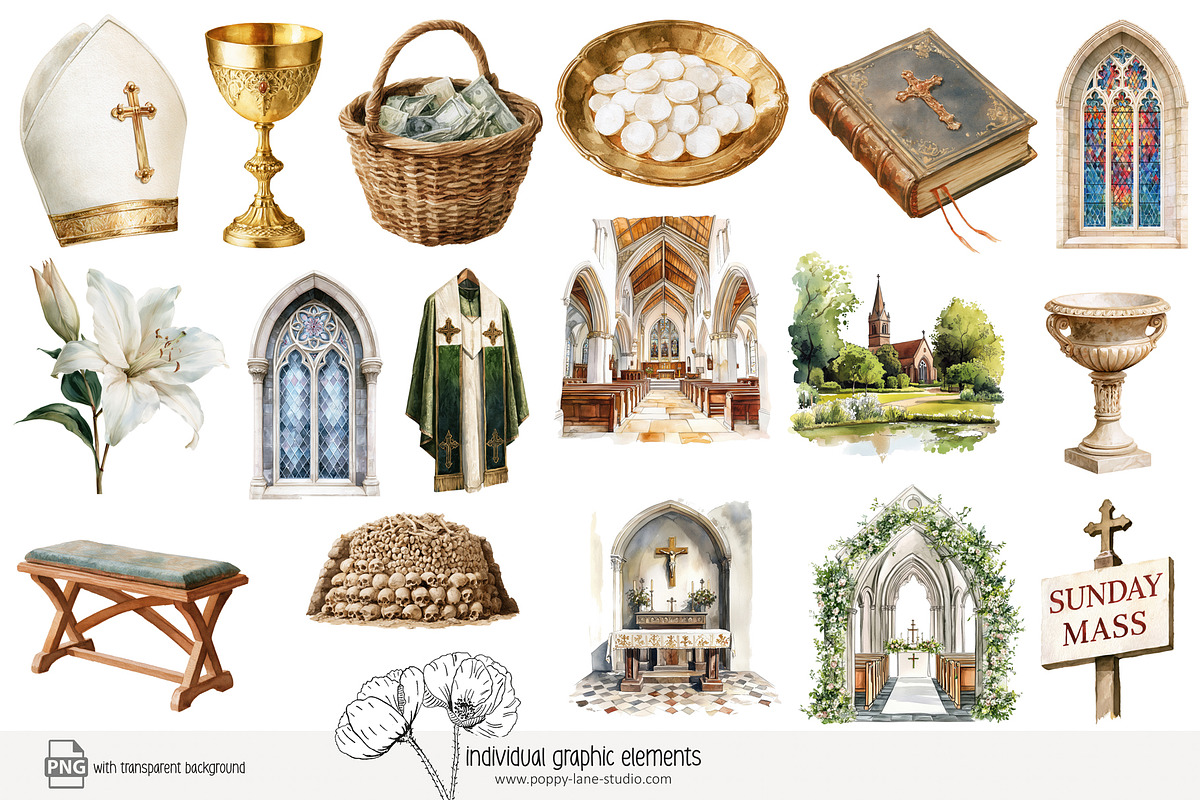 115 watercolour church clip art, an Object Illustration by Poppy Lane Studio (Photo 9 of 11)