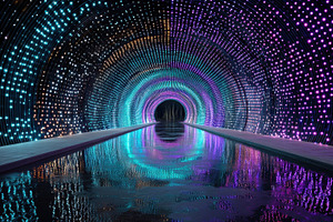 Illuminated Tunnel Water Reflection, an Abstract Photo by Pixeness Studio