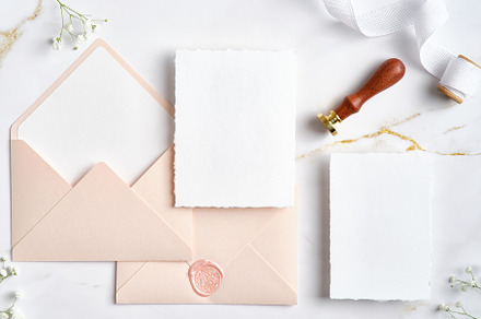 Elegant wedding stationery set. Flat lay pastel pink envelopes, blank wedding i, a Holiday Photo by photoguns