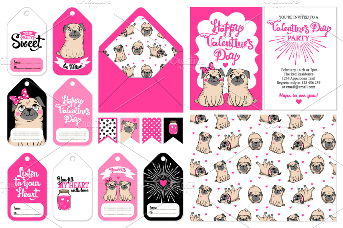 VALENTINE'S DAY vector set with pugs, an Illustration by Martyshova (Photo 5 of 5)